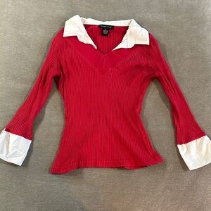 Elegant Red and White V-Neck Blouse
